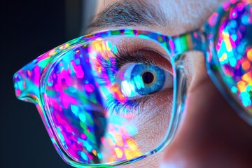 Vibrant eye reflection close-up photography colorful glasses artistic environment macro viewpoint optical illusion concept