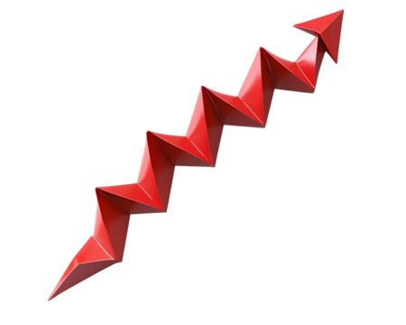 A red arrow pointing upwards in a zig-zag pattern, illustrating growth, progress, success, or positive trends in business and finance.