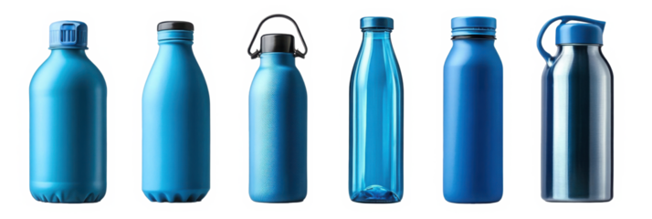 Assorted blue water bottles in various designs modern hydration containers transparent background 