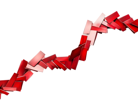 A red arrow pointing upwards in a zig-zag pattern, illustrating growth, progress, success, or positive trends in business and finance.