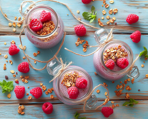 Breakfast in a jar with yogurt, chia seeds, and fresh fruit, topped with crunchy granola and honey, rustic style.
