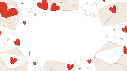 Banner with love letters frame. Envelope with declaration of love and hearts. Isolated white background with space for text in the middle. Vector illustration for invitation, romantic holiday, poster