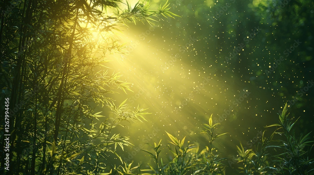 Poster sunlight filtering through bamboo, creating a serene, magical atmosphere.
