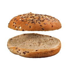 Half cut whole grain burger bun with flax and sunflower seeds and oatmeal on white background, studio shot