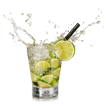 Caipirinha cocktail pour and splash on white background, studio shot