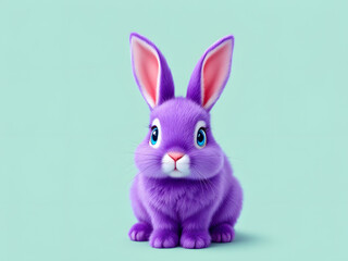 Obraz premium A fluffy purple bunny with blue eyes sits on a green background, exuding charm and cuteness.