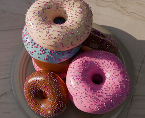 3D Stack of Colorful Donuts with Sprinkles on a Plate