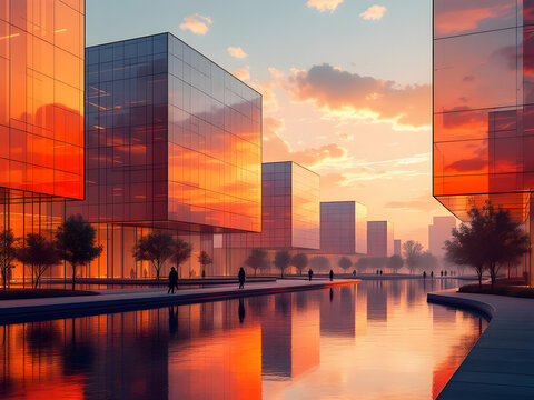 Modern cityscape with skyscrapers reflecting in water at sunset, vibrant orange sky, and serene ambiance.