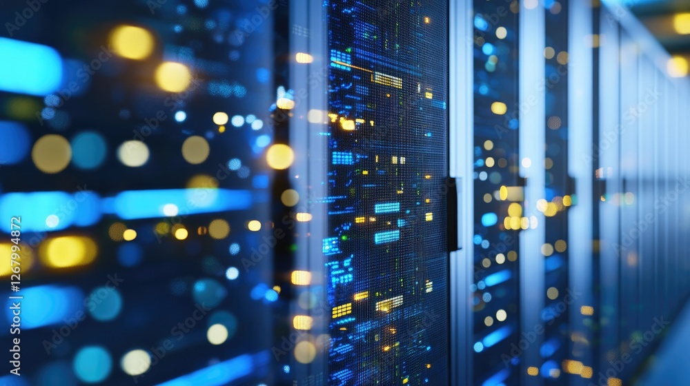 Poster A futuristic data center with illuminated server racks and glowing blue lights, representing advanced cloud computing and cybersecurity. Ideal for technology, networking, and digital infrastructure