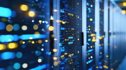 A futuristic data center with illuminated server racks and glowing blue lights, representing advanced cloud computing and cybersecurity. Ideal for technology, networking, and digital infrastructure