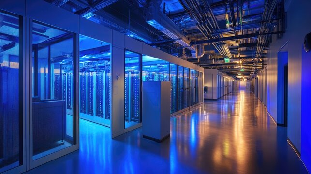 A high-tech data center with illuminated server racks and advanced networking infrastructure, showcasing modern cloud computing and cybersecurity. Ideal for technology, networking, and data storage - Powered by Adobe