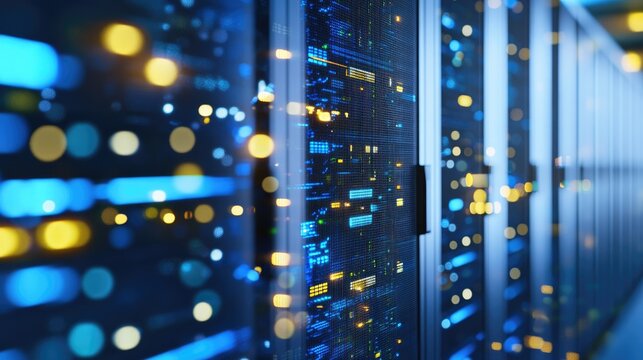 A futuristic data center with illuminated server racks and glowing blue lights, representing advanced cloud computing and cybersecurity. Ideal for technology, networking, and digital infrastructure