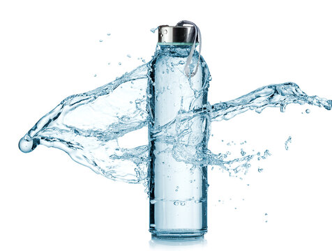 Sport glass water bottle splash on white background, studio shot