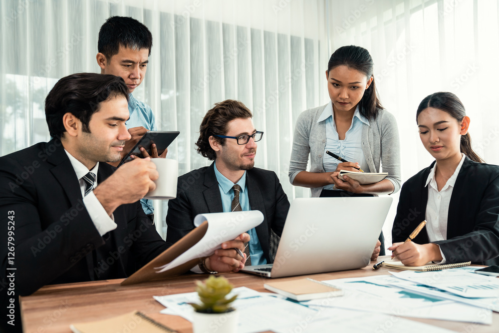 Aufkleber diverse group of business analyst team analyzing financial data report paper on office table. chart 
