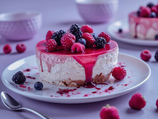 Gourmet dessert topped with fresh raspberries, blackberries, and a drizzle of sauce on a white plate against a purple background.