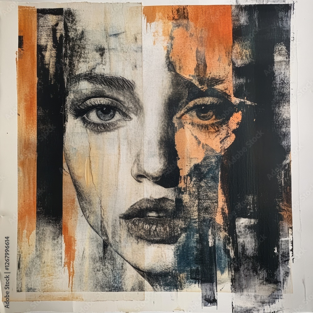 Poster artistic portrait of a woman's face with abstract elements in a mixed media style showcasing bold co