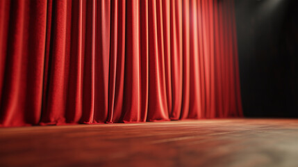 Red velvet curtains close on a stage in a theater, preparing for the next performance in a cultural venue