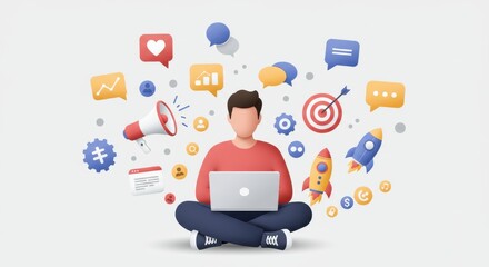 an individual in digital marketing. Show a person sitting cross-legged on the ground, using a laptop.