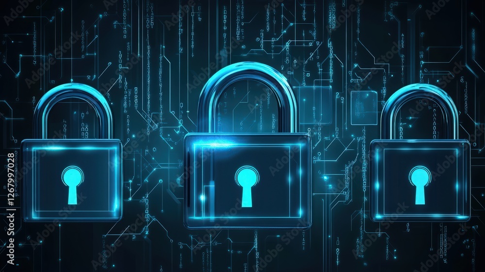 Poster cybersecurity: digital padlocks protecting data and network security online