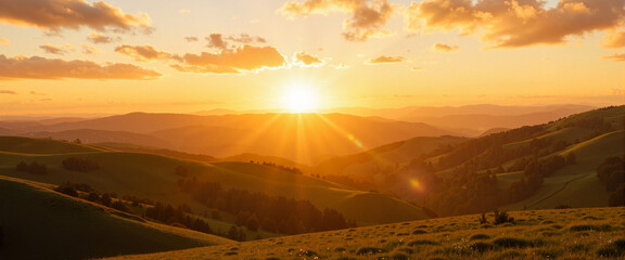 Serene sunset over rolling hills in countryside, peaceful ambiance