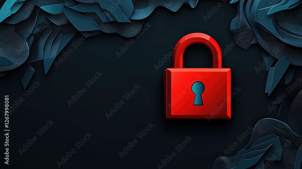 Poster red padlock on dark background with abstract shapes