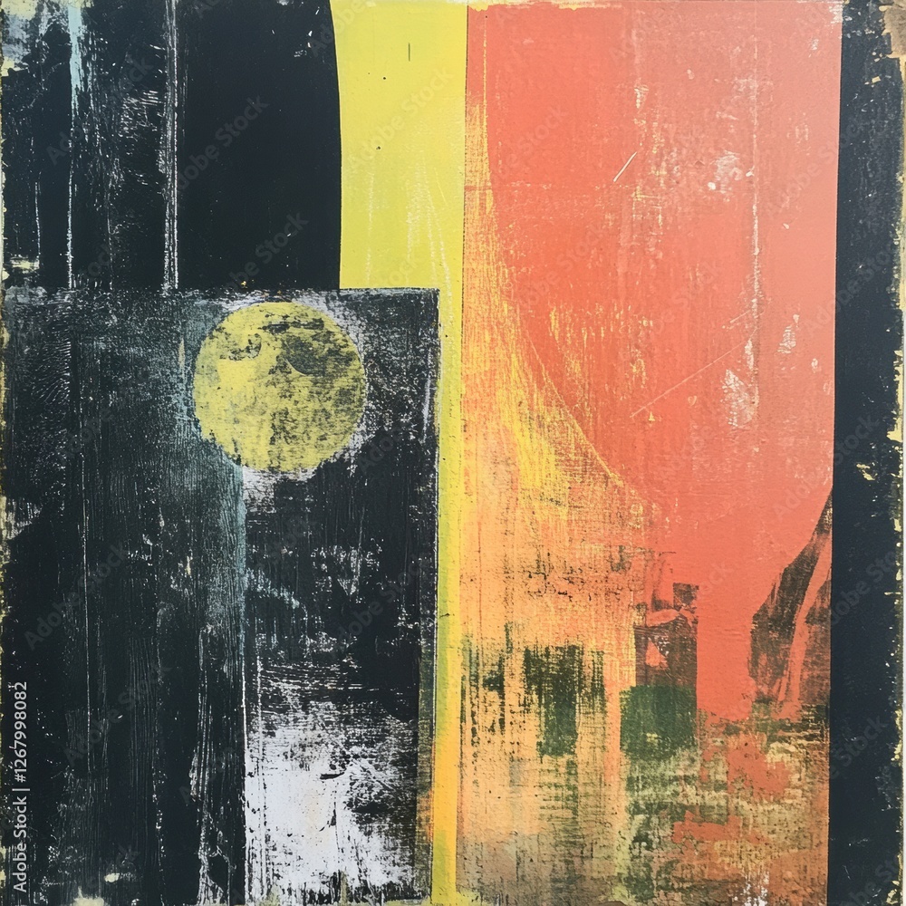 Poster abstract artwork with bold colors and geometric shapes displaying contrasting textures. generative a