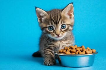 Cute kitten exploring a bowl of cat food against a bright blue background during a playful indoor moment