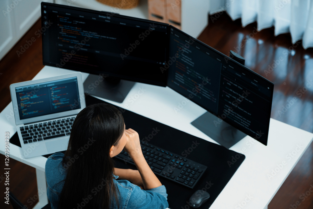  top view young asian it developer creating with typing online information on pc with coding program 