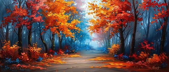 nature trail passage into the deep autumn forest oil painting style with grungy brushstroke texture