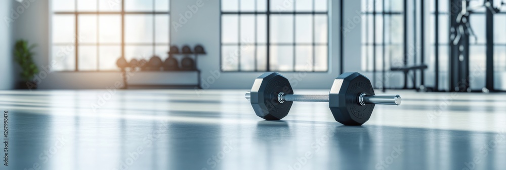 Aufkleber dumbbell resting on polished gym floor in bright fitness studio with large windows and workout equip