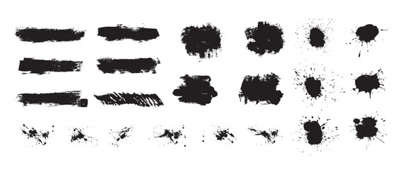 Mega bundle of different ink brush strokes, rectangle, square and round freehand drawings. Ink splatters, grungy painted lines, artistic design elements. Vector paintbrush set.