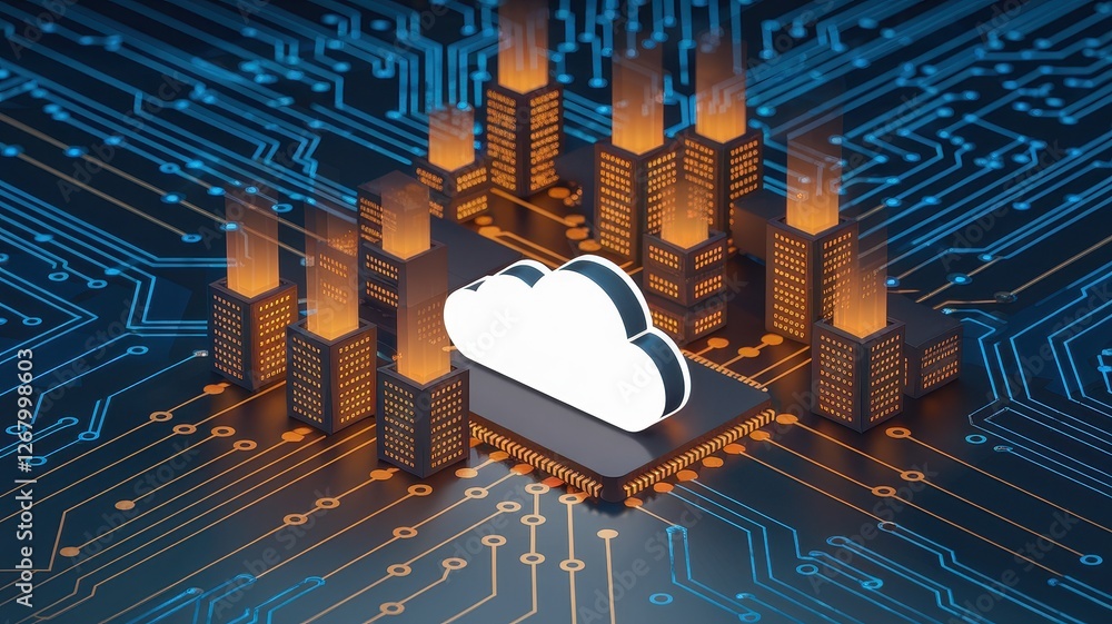 Poster cloud computing represented by white cloud and servers on circuit