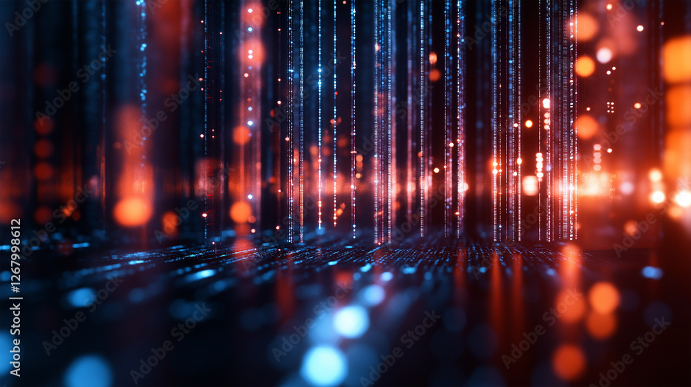 Fototapete Digital data visualization with glowing lines and particles in a dark environment