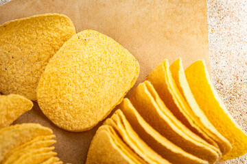 potato chips fast food fresh tasty food dish gourmet food background on the table rustic food top view copy space