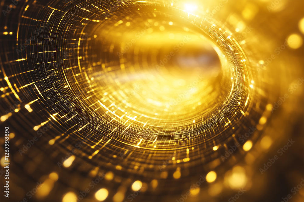 Poster swirling golden patterns create an abstract tunnel effect in an artistic digital design