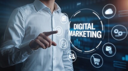 A man points to digital marketing icons on screen