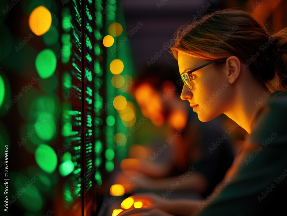 Poster woman working with data on computer screen