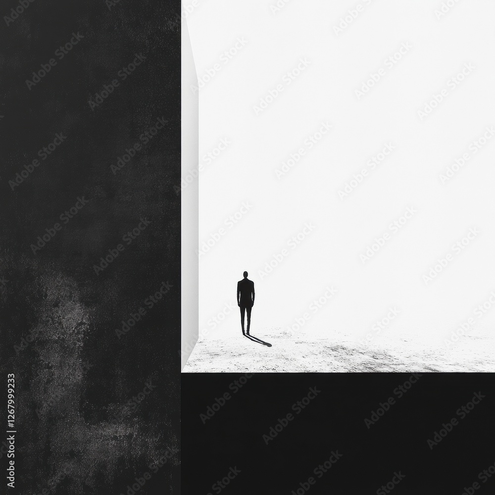Poster silhouette of a person standing in a vast, minimalistic space with contrasting light and shadow at d