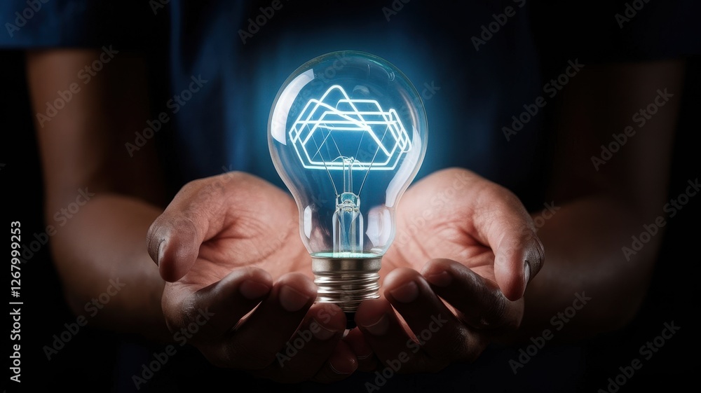 Poster hands holding illuminated lightbulb with abstract geometric design inside