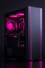 PC Case: Sleek modern computer case. Minimalist, contemporary and modern design. Glass panels and dark steel frame. RGB lighting. Industrial design. Computer hardware design concept.