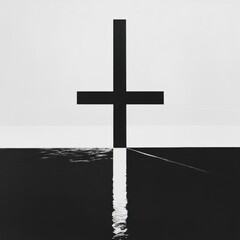 Artistic black and white representation of a cross reflecting on water during a calm moment. Generative AI