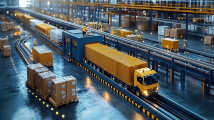 A busy warehouse with trucks and containers for logistics operations.