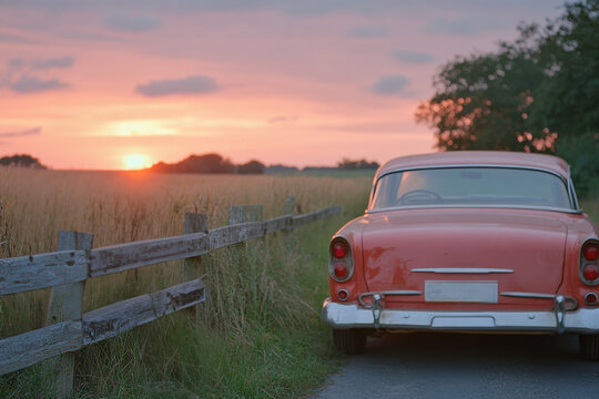 Fototapeta Vintage Car and Sunset Rural Road 