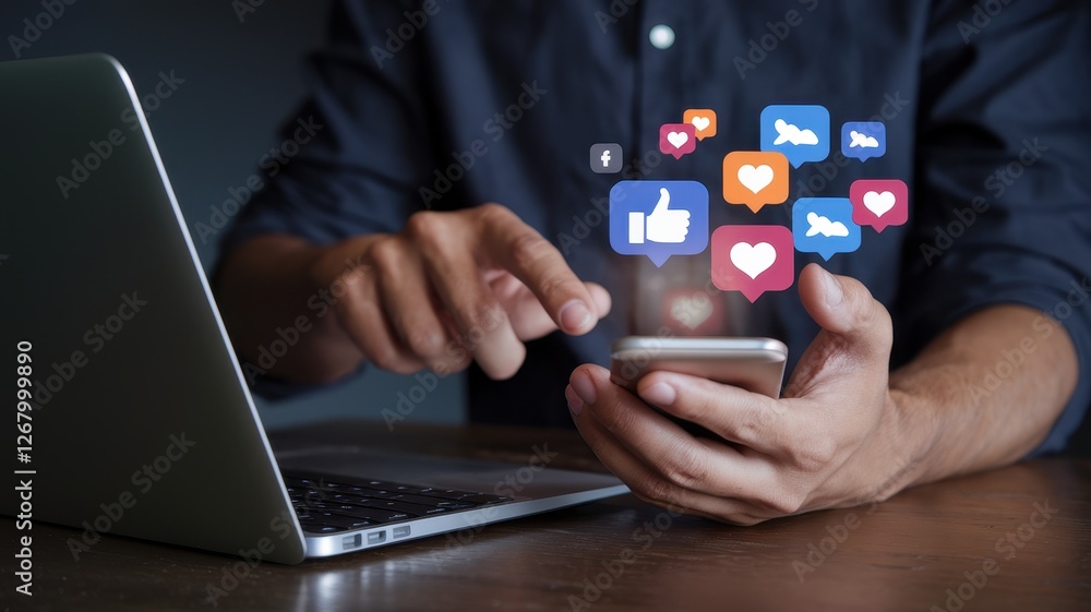 Poster man using smartphone with social media icons hovering above device