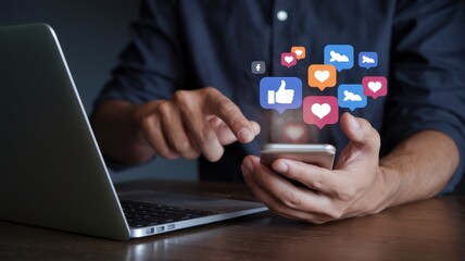 Man using smartphone with social media icons hovering above device