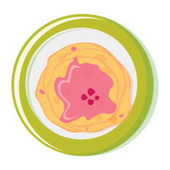 Pancake topped with strawberry syrup on a plate. Close-up from above