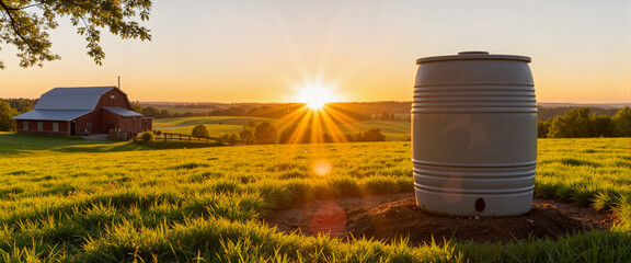 New rain barrel installation at sunrise in rural landscape, sustainability