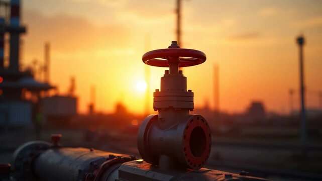 Industrial valve silhouette against a vibrant sunset at a refinery location