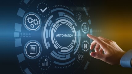 Fototapeta premium A hand interacts with a futuristic automation interface display