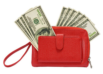 Red Handbag With Hundred Dollar Bills Sticking Out On White